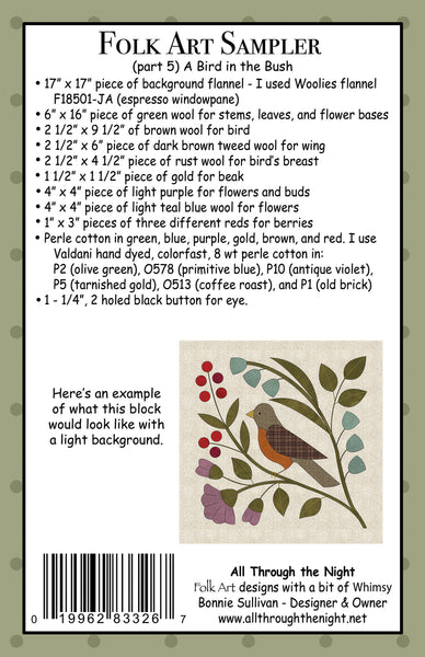 #2205 Folk Art Sampler- A Bird in the Bush